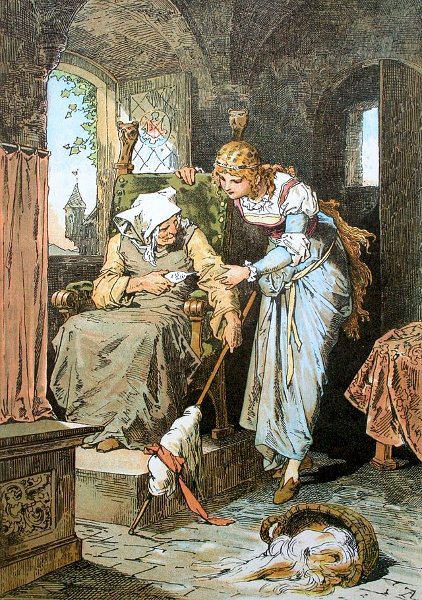 Illustration von Alexander Zick zu dem Märchen Dornröschen: Die Königstochter sticht sich an der Spindel
