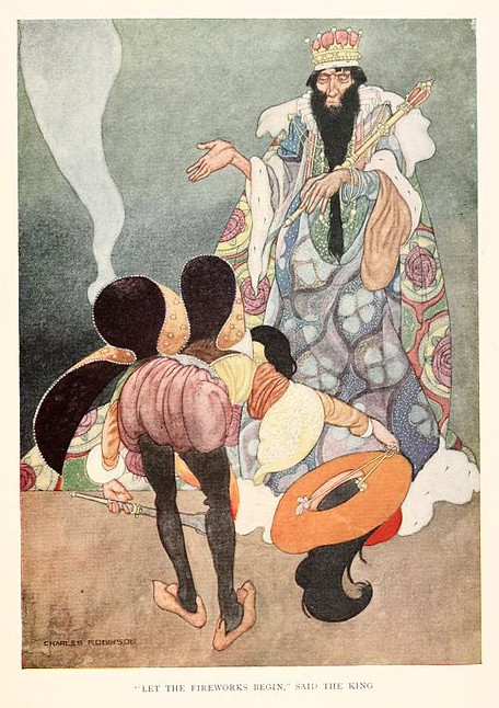 Illustration von Charles Robinson zu dem Märchen Die bedeutsame Rakete von Oscar Wilde