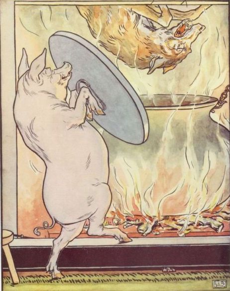 Der Wolf fällt durch den Kamin in den Kochtopf. Illustration von L. Leslie Brooke zum Märchen Die drei kleinen Schweinchen
