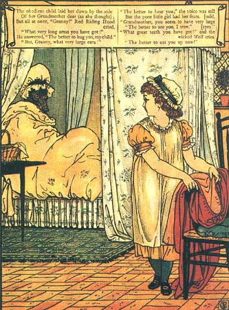 Rotkäppchen am Bett der Grossmutter, Illustration von Walter Crane