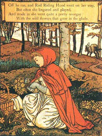 Rotkäppchen pflückt Blumen im Wald, Illustration von Walter Crane
