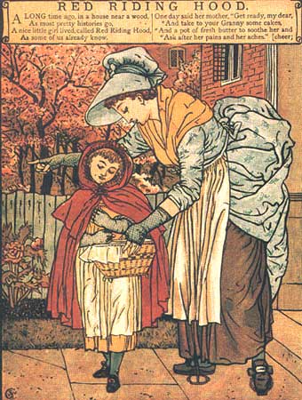 Rotkäppchen wird von der Mutter zur Großmutter geschickt. Illustration von Walter Crane