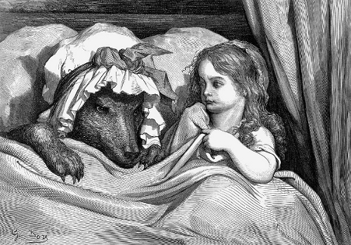 Rotkäppchen und Wolf im Bett, Illustration von Gustave Dore