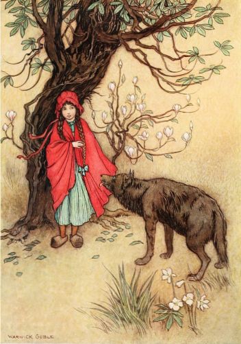 Rotkäppchen trifft auf ihrem Weg zur Großmutter den Wolf. Illustration von Warwick Goble