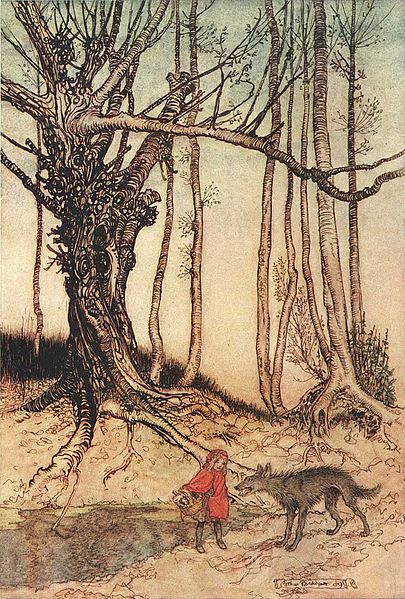 Rotkäppchen trifft im Wald den Wolf. Illustration von Arthur Rackham