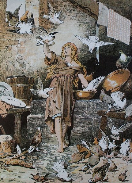 Aschenputtel in der Küche mit Tauben, Illustration Alexander Zick