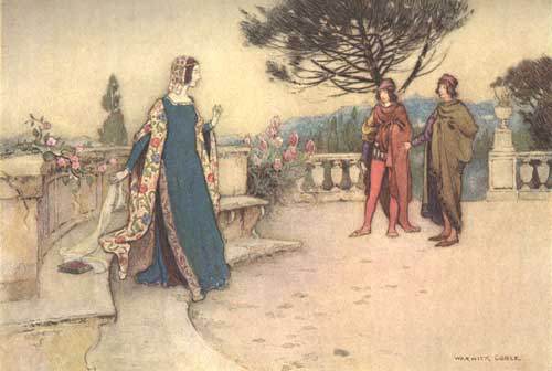 Illustration von Warwick Goble zu dem Märchen Die bezauberte Hirschkuh aus dem Pentameron von Giambattista Basile